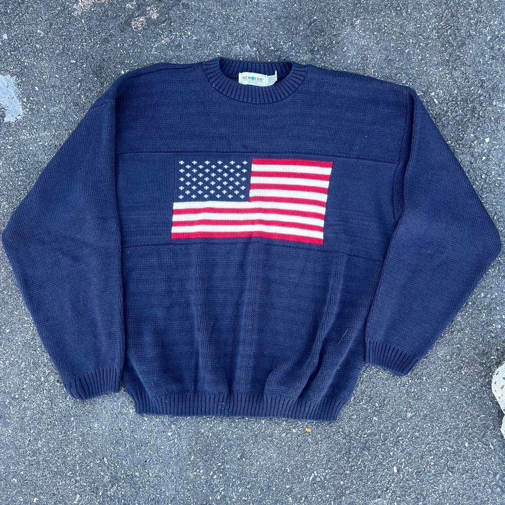 1990s Hand Knit Cotton American Flag Sweater size XL